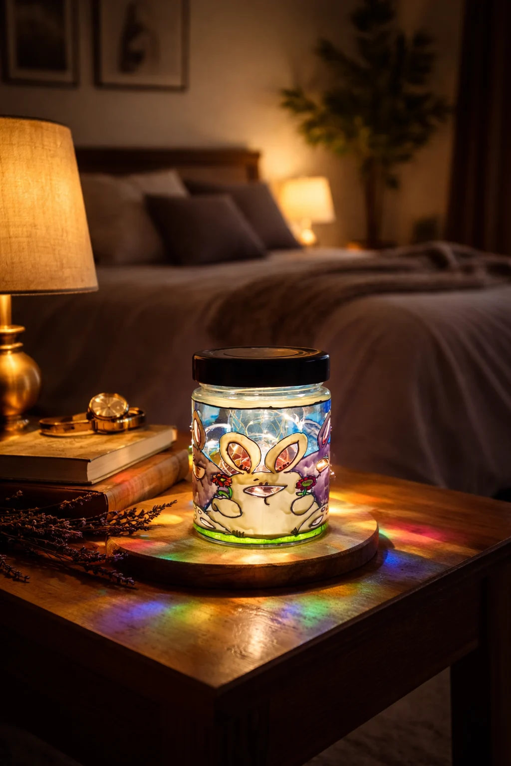 3 Iepurasi Lumânare Parfumată din ceară de Soia – Borcan vitraliu reutilizabil, lampă decorativă
