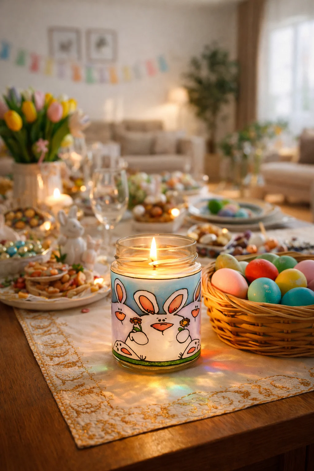 3 Iepurasi Lumânare Parfumată din ceară de Soia – Borcan vitraliu reutilizabil, lampă decorativă