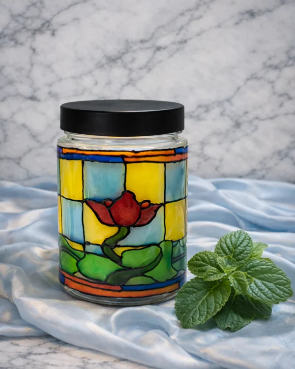 Lumânare din ceară de soia Patchouli – Borcan Vitraliu cu efect de lampă decorativă