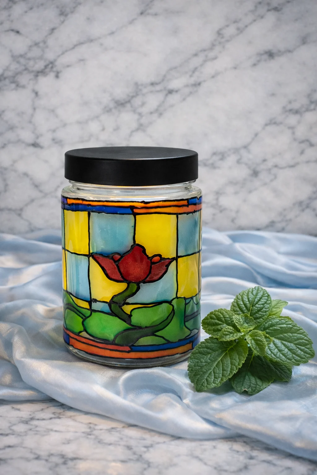 Lumânare din ceară de soia Patchouli – Borcan Vitraliu cu efect de lampă decorativă