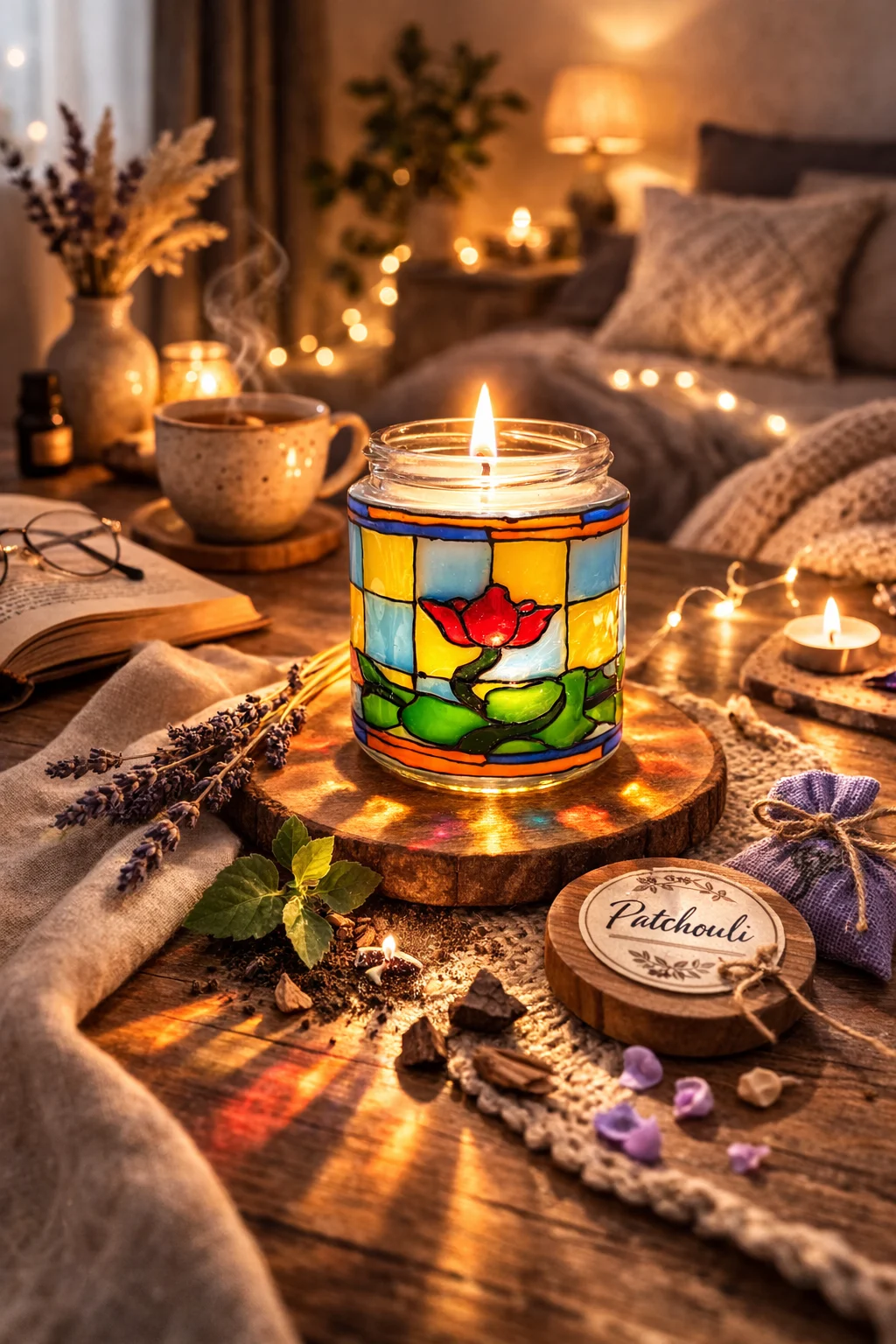 Floare Vitraliu Lumânare parfumată din ceară de soia – borcan vitraliu reutilizabil, lampă decorativă cadou