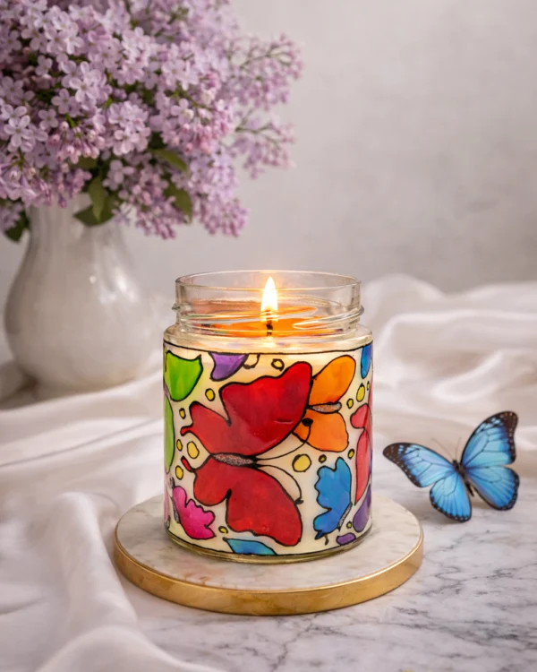 Lumânare parfumată cu liliac 2-în-1 – borcan vitraliu, ceară de soia, lampă decorativă
