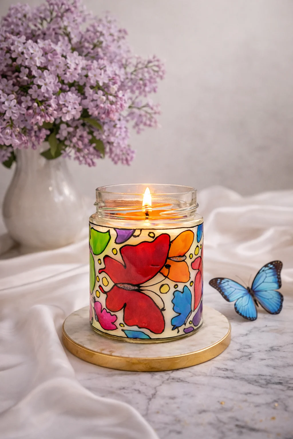 Lumânare parfumată cu liliac 2-în-1 – borcan vitraliu, ceară de soia, lampă decorativă