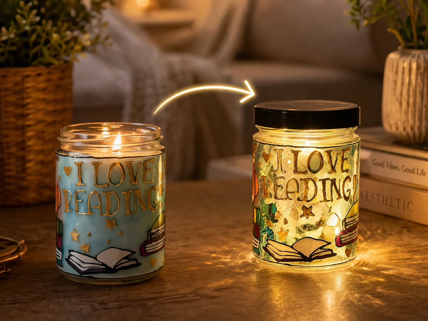 I LOVE READING Lumânare parfumată din ceară de soia – borcan vitraliu reutilizabil, lampă decorativă cadou