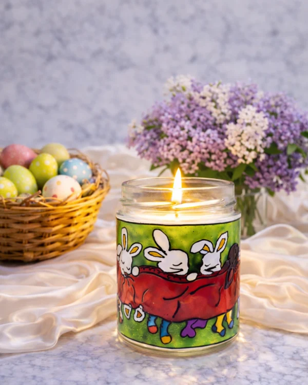 Lumânare parfumată cu liliac din ceară de soia – borcan vitraliu pictat manual, lampă de veghe decorativă 2-în-1