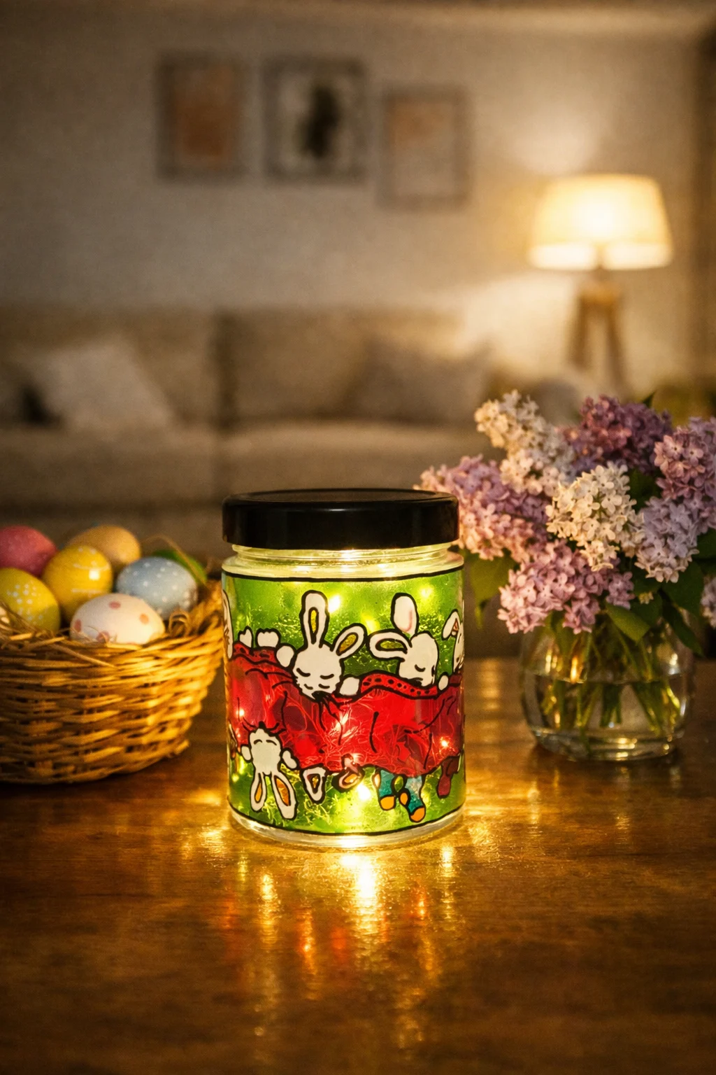 Iepurasi Somnorosi Lumânare Parfumată din ceară de Soia – Borcan vitraliu reutilizabil, lampă decorativă cadou