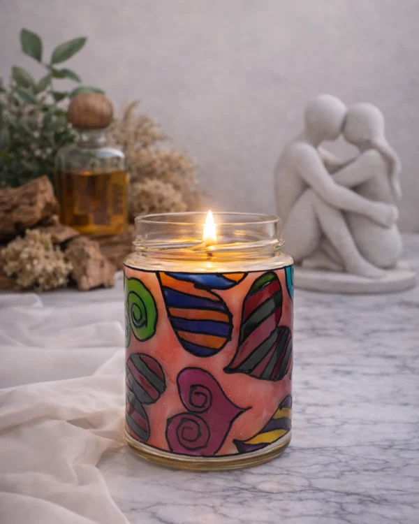 Lumânare parfumată Mosc lemnos din ceară de soia – borcan pictat manual, lampă de veghe decorativă 2-în-1