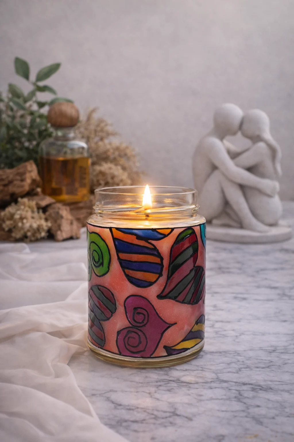 Lumânare parfumată Mosc lemnos din ceară de soia – borcan pictat manual, lampă de veghe decorativă 2-în-1