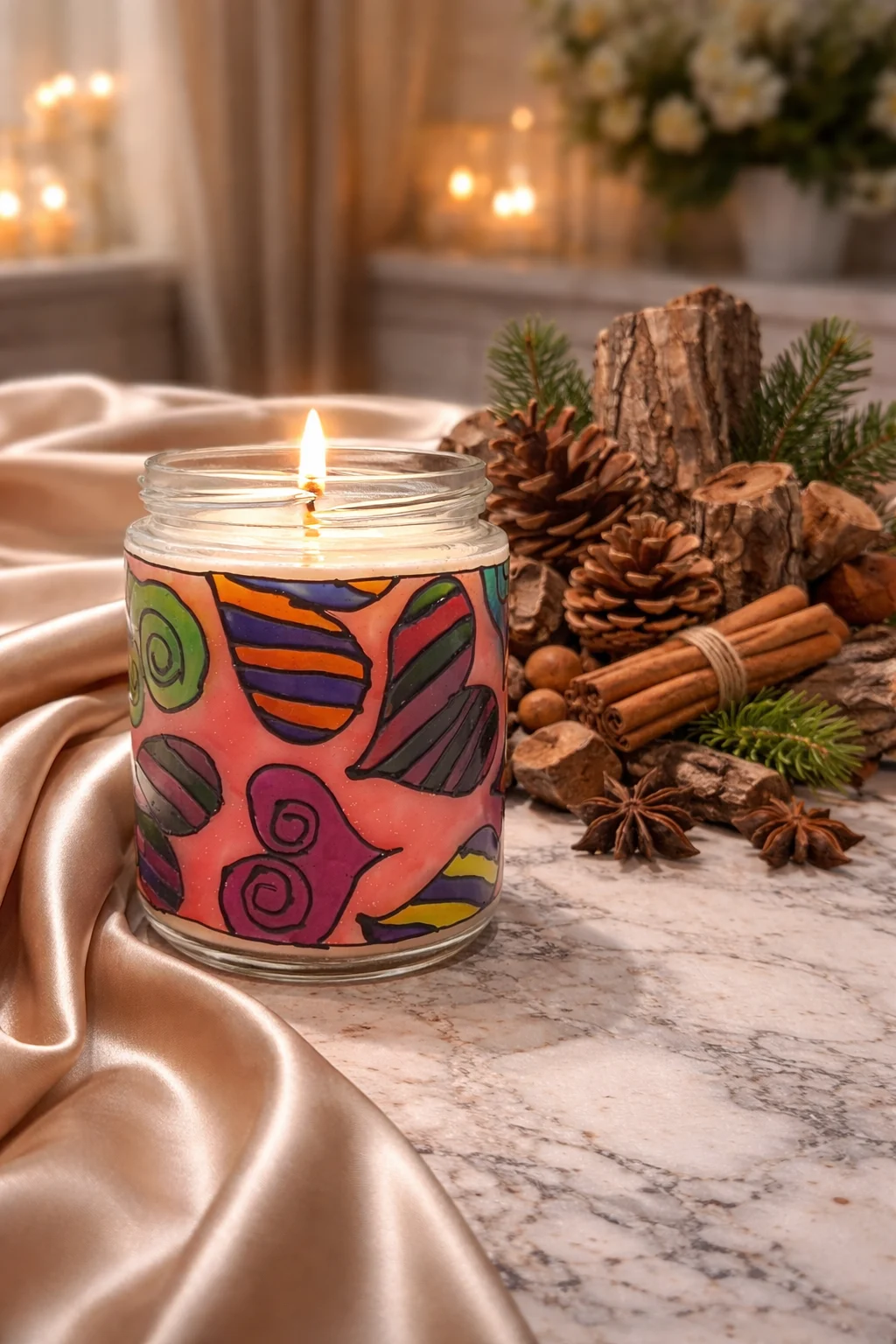 Inimioare Lumânare Parfumată din ceară de soia – Borcan vitraliu reutilizabil, lampă decorativă cadou