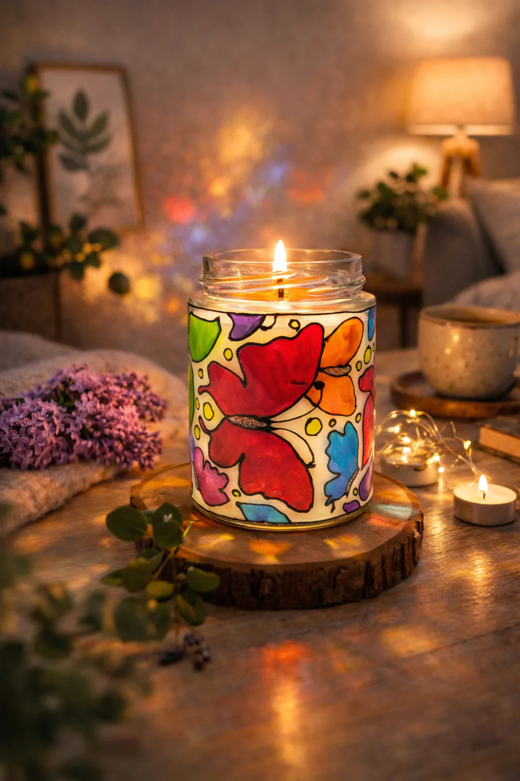 Lumânare soia decorativă „Fluturi” – cadou handmade care devine lampă ambientală