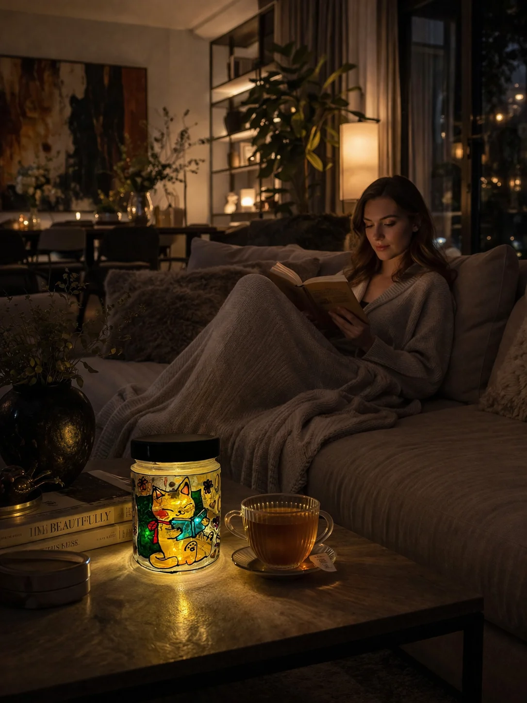 ONE MORE CHAPTER Lumânare parfumată din ceară de soia – borcan vitraliu reutilizabil, lampă decorativă cadou