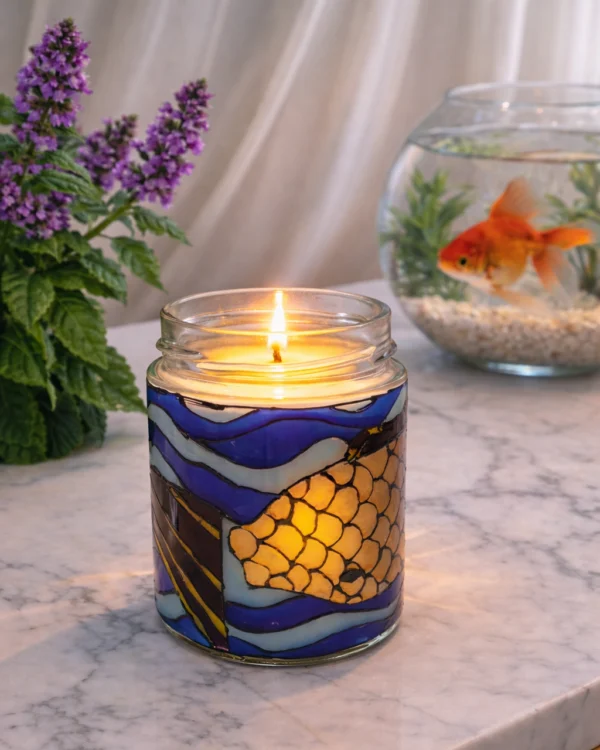 Lumânare parfumată Patchouli din ceară de soia – borcan decorativ pictat manual, lampă de veghe 2-în-1