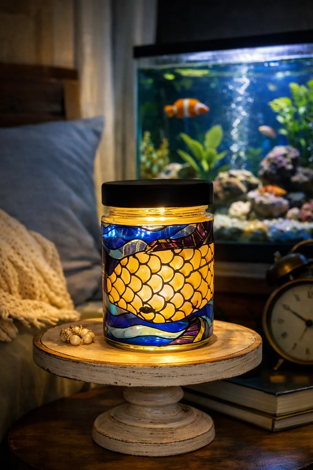 Peste Auriu Lumânare Parfumată din ceară de Soia – Borcan vitraliu reutilizabil, lampă decorativă cadou