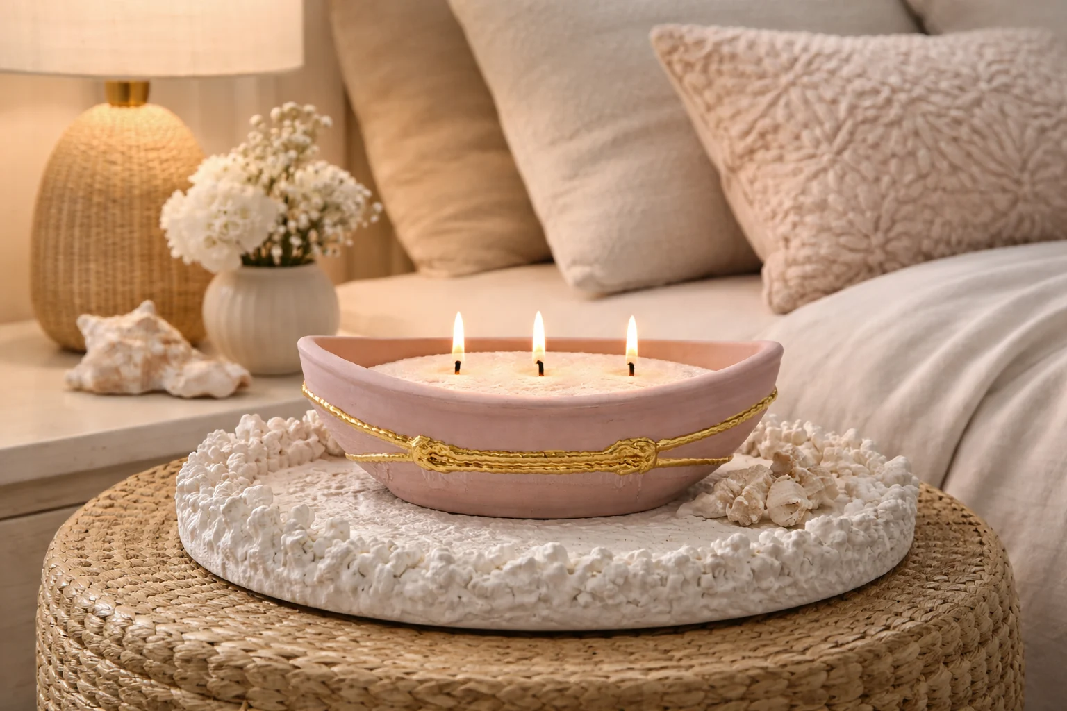 Set lumânare nisip cu suport ceramic in forma de Barcuta,