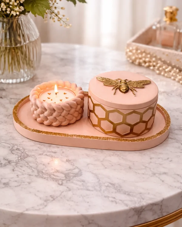 set decorativ handmade din ceramică cu lumânare și cutie bijuterii