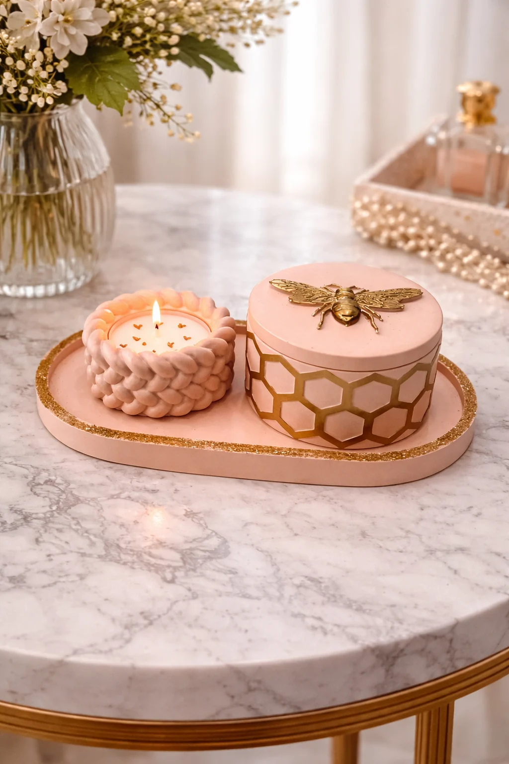 set decorativ handmade din ceramică cu lumânare și cutie bijuterii