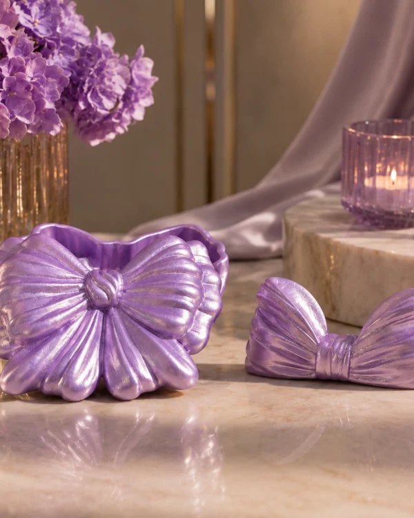 Set Cutie Bijuterii și Suport Lumânare Fundiță Lavandă – Handmade din Praf Ceramic