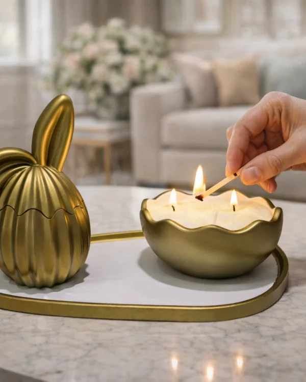 Set Decorativ Ou Iepuraș cu Tavă și Suport Lumânare din Nisip de Ceară
